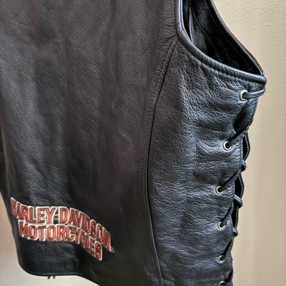 Harley-Davidson Leather Motorcycle Vest Mens L Black Lace Up Biker Snap - Picture 4 of 5